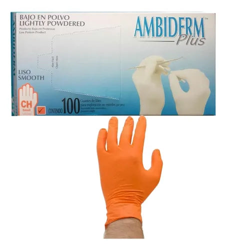 GUANTES DE LATEX AMBUDERM BAJO EN POLVO COLOR NARANJA CH