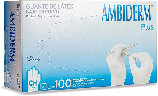CAJA GUANTES DE LATEX AMBIDERM PLUD BAJO EN POLVO AZUL CH
