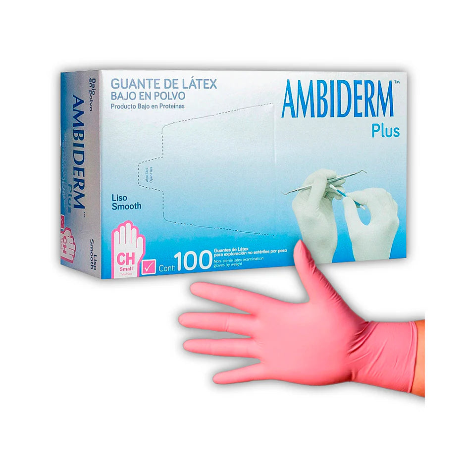 CAJA GUANTES DE LATEX AMBIDERM PLUS BAJO EN POLVO ROSA CH